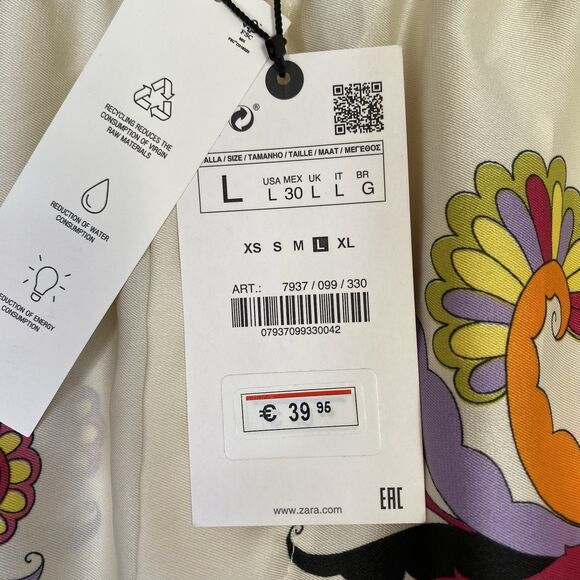 Zara Wide Leg Cropped Pants Women L Muticolor Scarf Print Silky Pull On - Picture 6 of 10